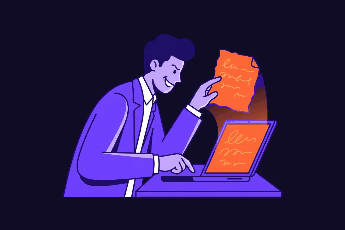 A copywriter tracing a customer's messy handwritten note glowing warm onto their laptop screen, grinning like a kid copying off a neighbor's exam