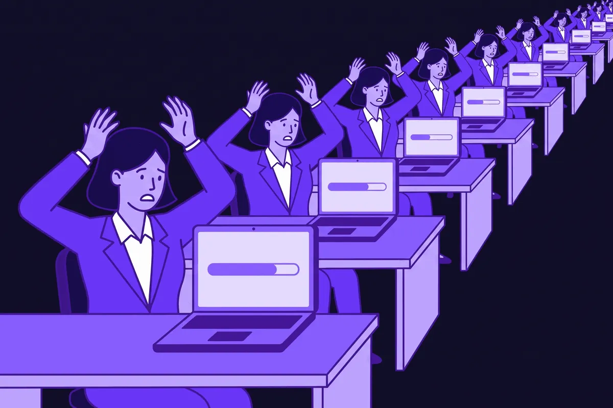 A marketer at a desk realizing her landing page headline is typing itself, in sync, across a row of identical marketers at identical desks behind her