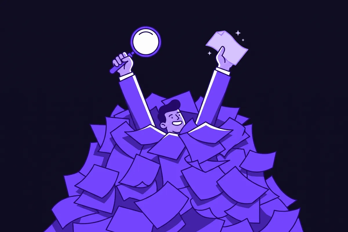 A copywriter buried to the shoulders in a mountain of crumpled customer reviews, holding a magnifying glass and triumphantly raising one glowing phrase like a trophy