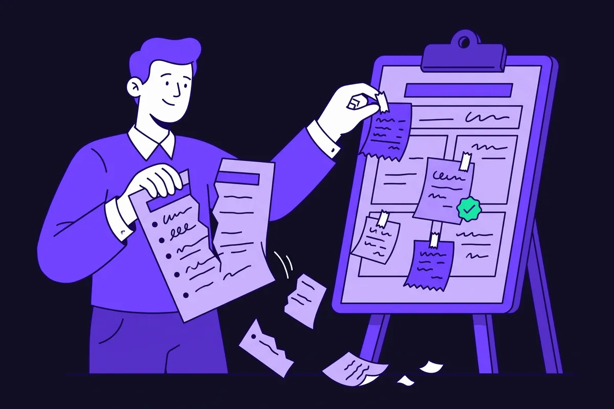 A founder tearing up a 'Five Signs It's Time to Pivot' listicle and taping real customer receipts and quotes onto a scorecard instead