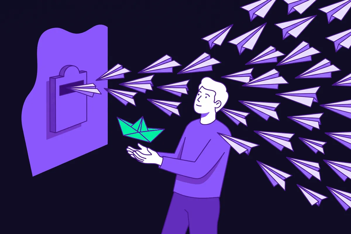 A marketer standing at an overflowing mail slot as dozens of identical survey paper airplanes fly past into the void, catching just one lonely reply drifting back like a tiny paper boat