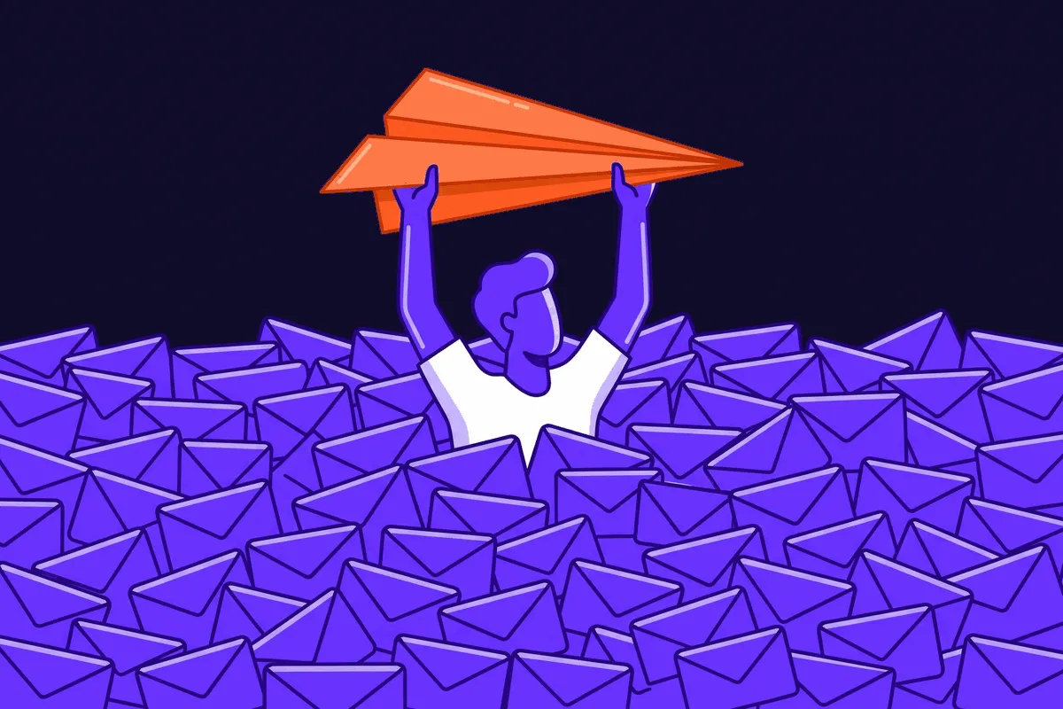A customer wading chest-deep through a flood of identical AI-generated envelopes, holding one lone marketer's honest survey request over their head to keep it dry