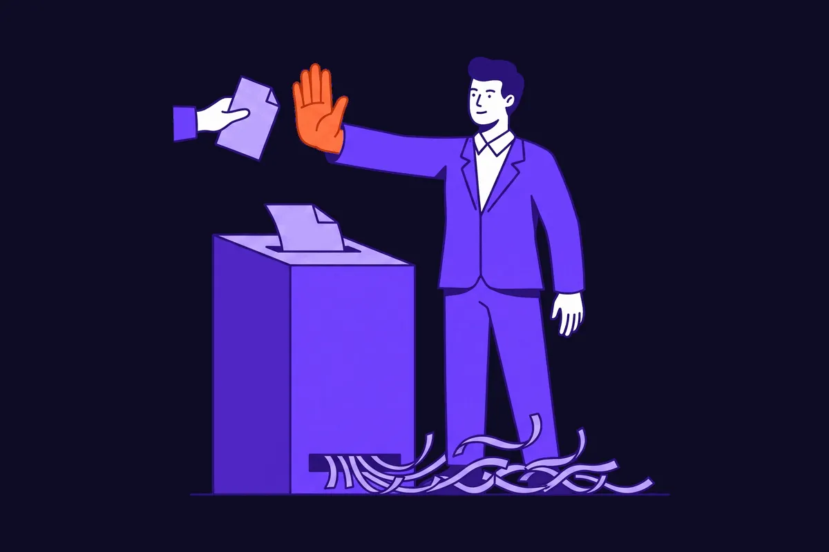 A customer dropping their honest feedback into a slot that feeds straight into a shredder, then turning their back with arms crossed on the next survey being held out to them