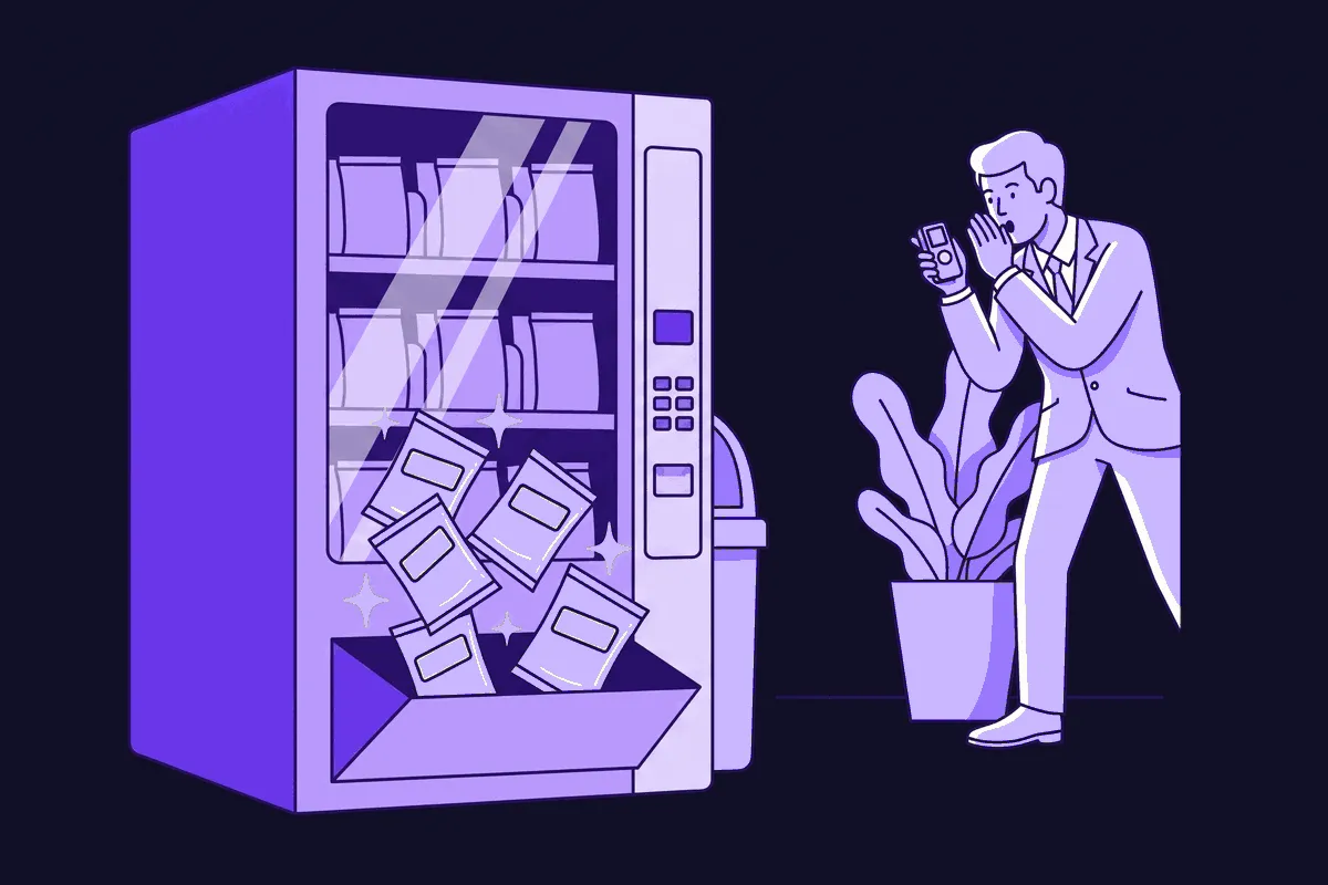 A vending machine labeled CRM loss reasons cheerfully dispenses identical generic snack bags all reading went with competitor, bad timing, and no budget, while behind a potted plant a customer whispers the real reason into a tiny recorder that nobody at the machine notices