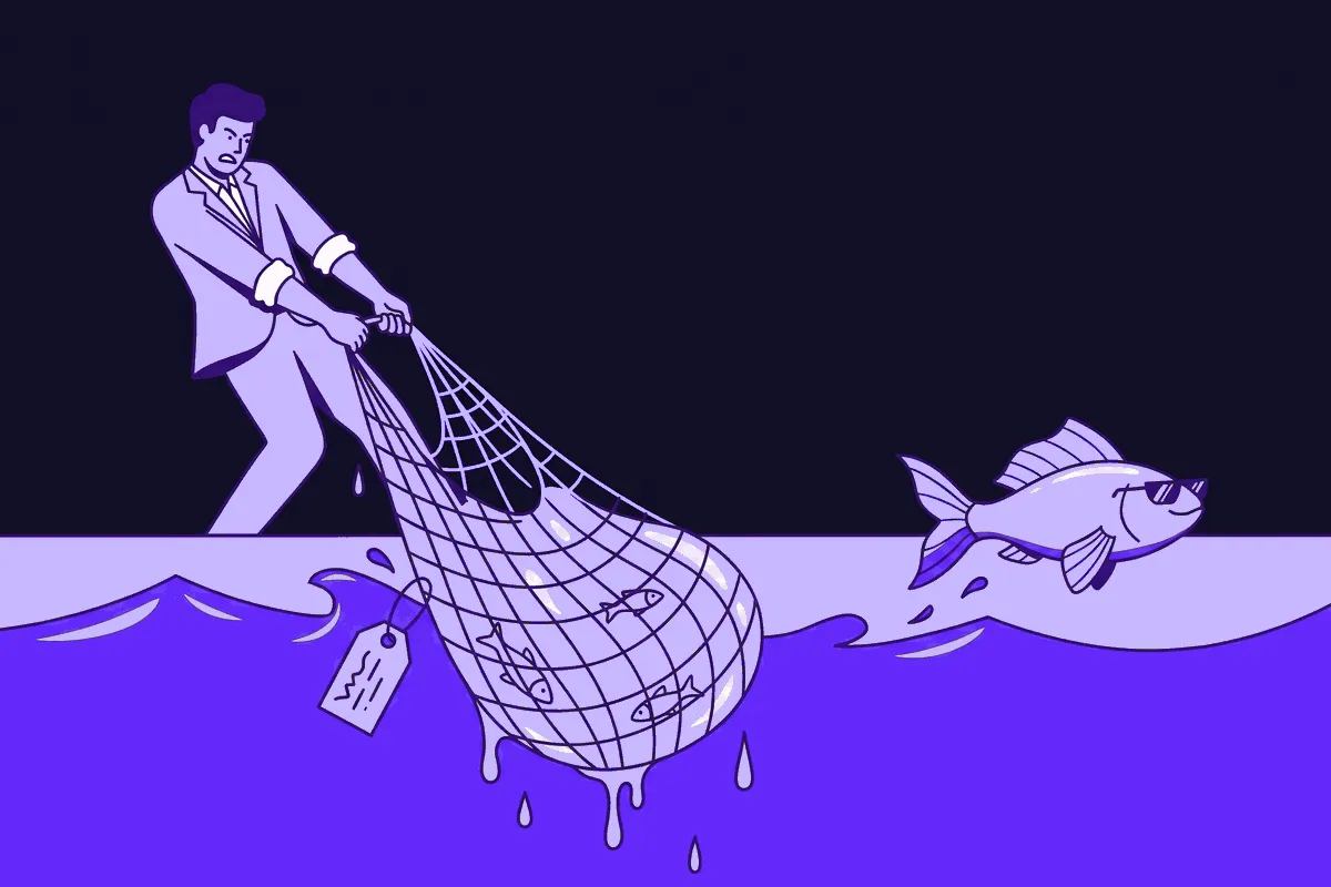 A determined sales rep hauls a heavy, dripping fishing net labeled closed-lost deals out of the water and finds only a handful of tiny minnows inside, while one large fish wearing sunglasses labeled the buyer who would have actually talked swims off untouched in the background